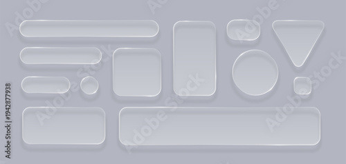 Transparent glass UI elements vector set on grey background, realistic glossy buttons panels frames, glassmorphism collection