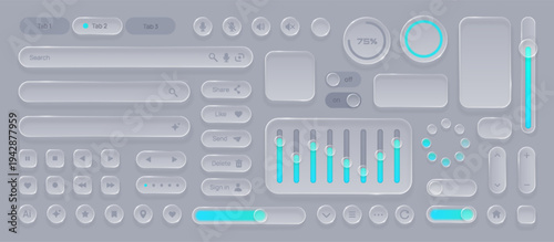 Set of transparent glass UI Elements Set. Vector realistic glassmorphism UI kit with glossy Interface Buttons Sliders Panels and Controls. Modern Glassmorphic Design for web design and app interface.