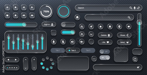 Glassmorphism UI Kit with Transparent Buttons Sliders Panels Toggles Search Bars and Media Controls Modern Glassmorphic Interface Vector Set for web design and app interface.