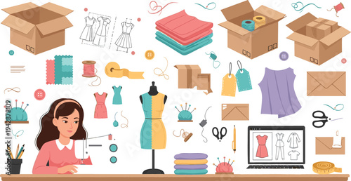 Fashion designer workspace vector set with sewing machine, dress mannequin, fabric, scissors, packaging boxes, clothing sketches, and tailoring tools for apparel design