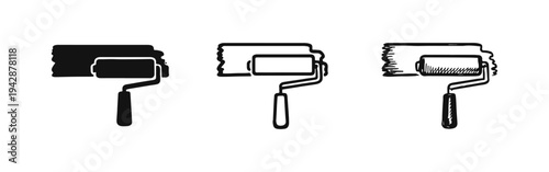 Paint roller icon set. Home improvement, renovation, and painting tools collection in various styles.