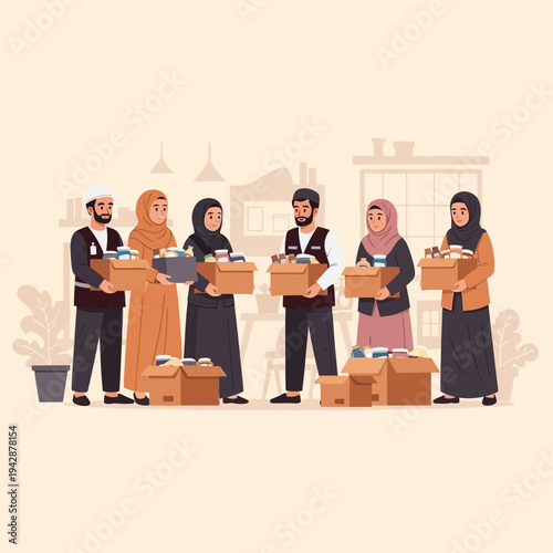 Muslim volunteers are loading and giving food boxes