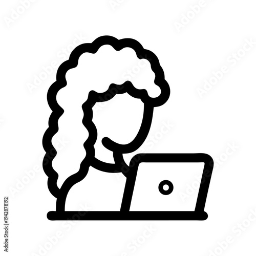 Black line icon of woman with curly hair using laptop