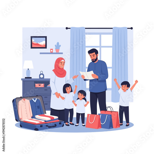 Muslim family preparing for travel, full of anticipation