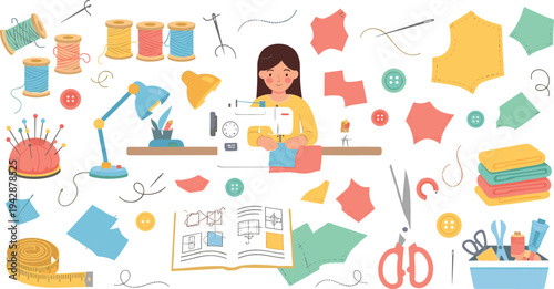 Sewing and fashion design workspace vector set with tailor sewing machine, fabric pieces, threads, scissors, buttons, and clothing pattern tools