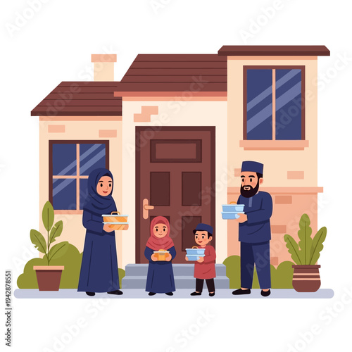 Muslim family giving and receiving gifts in front of their house
