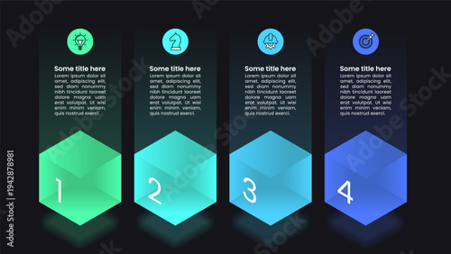 Infographic template. 4 glowing cubes with numbers and icons