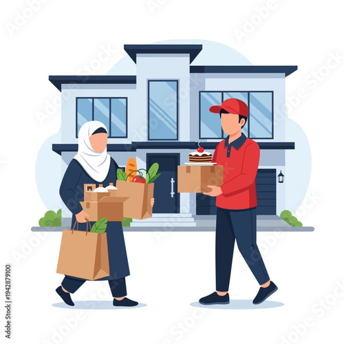 Delivery man giving groceries and cake to a woman in a hijab