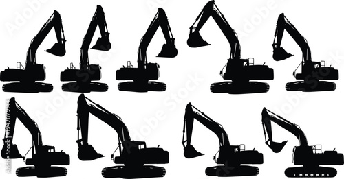 Excavator construction machine silhouette collection featuring heavy equipment digger vehicles isolated for industrial building, engineering, mining and construction design elements