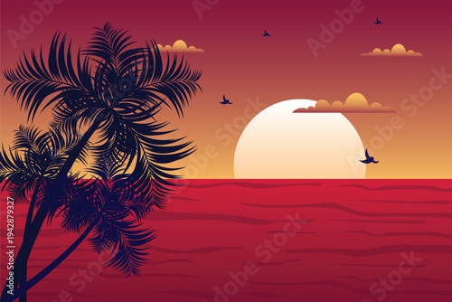 Tropical beach with palm trees and sea - summer resort at sunset