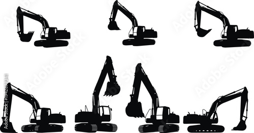 Excavator silhouette collection showing construction digger machines in different working poses isolated on white background heavy equipment vector set