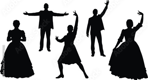 Flamenco dancers silhouette collection featuring elegant Spanish dance poses with traditional dress isolated on white background cultural performance vector set