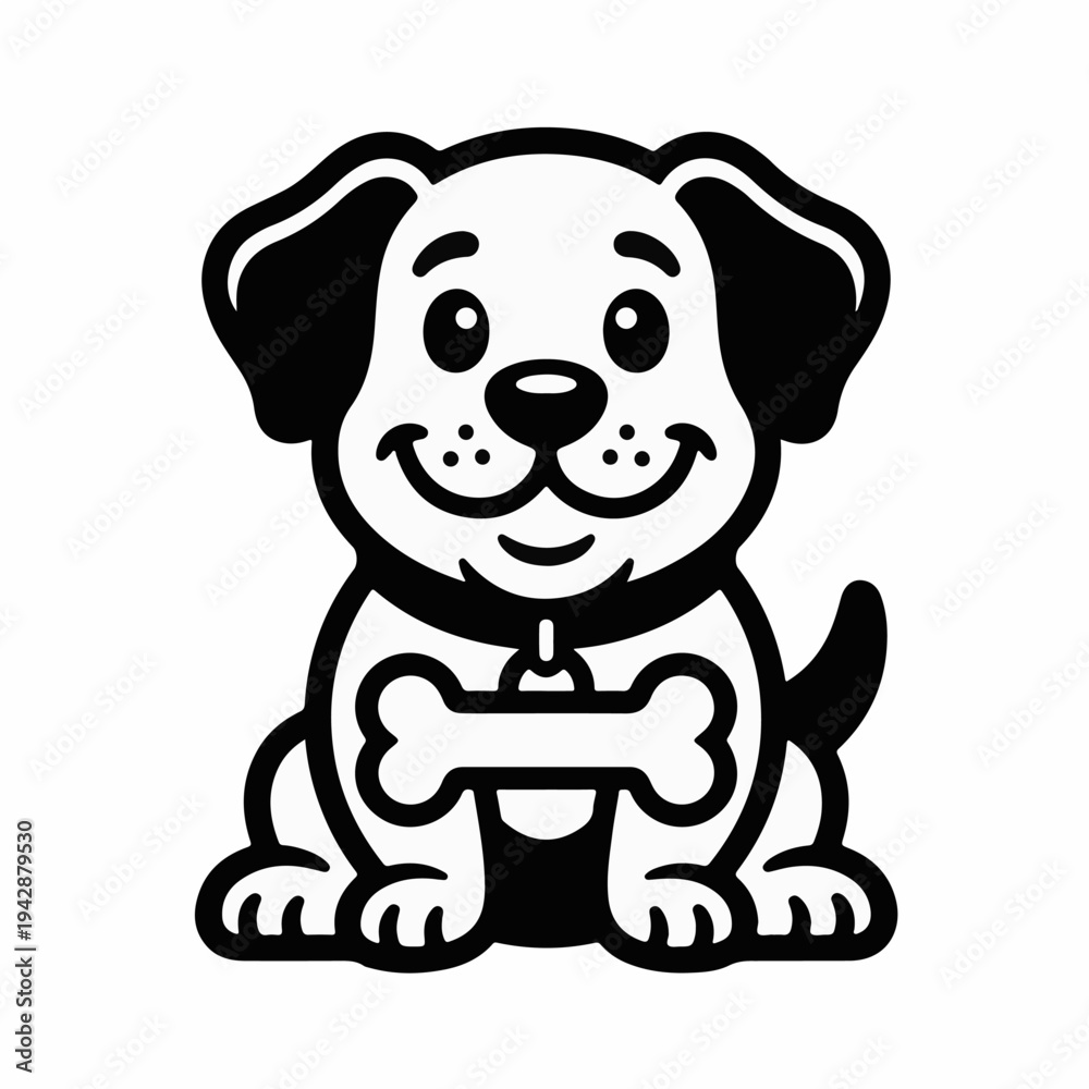 Fototapeta premium Cute cartoon dog mascot holding a bone, black and white vector illustration.