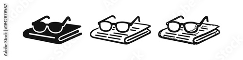Reading and Education Icons Set - Eyeglasses Resting on Books or Newspaper Symbol