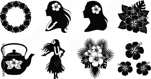 Hawaiian hula dancer girl silhouette collection with hibiscus flowers tropical wreath tea kettle floral elements island culture design set