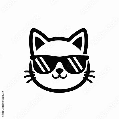 Cute cat wearing sunglasses vector illustration. Cool kitten face mascot in minimalist black and white style. Funny animal character sticker isolated on white background.