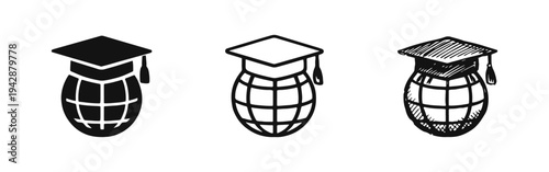 Global Education and Knowledge Icons Set - Graduation Cap on Globe Symbol