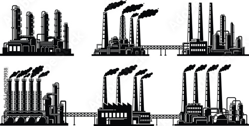Industrial factory plant silhouettes with smokestacks and pipelines representing heavy industry manufacturing pollution energy production infrastructure isolated on white background