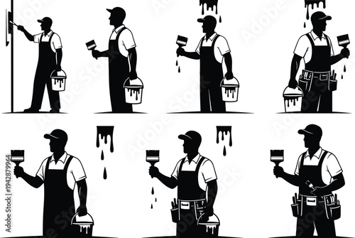 House painter silhouette collection showing worker painting wall with brush and bucket isolated on white background professional painting service vector set