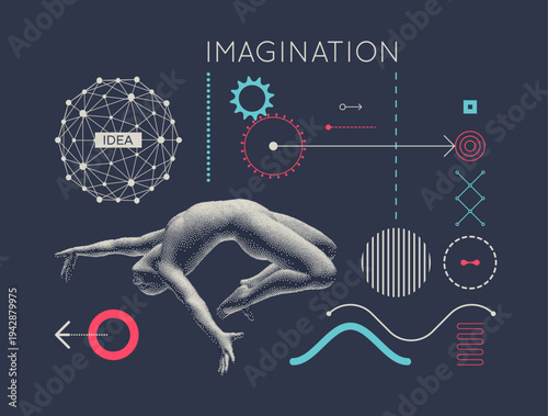 Jumping man. Man in zero gravity. Guy is flying or falling in the air. Sphere. Discovery, studying and learning concept. Illustration for brochure, poster, cover, card, presentation, flyer or banner.