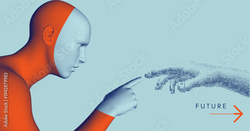 A man reaches out to a large digital virtual hand consisting of a cascade of numbers. Concept of space and time manipulation. Distortion of reality. Cognition and creativity. Contact with the unknown.