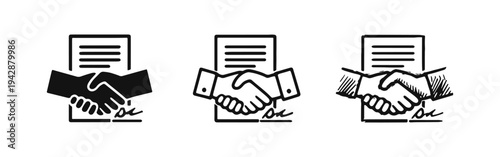 Agreement and Partnership Icons Set - Handshake Over Document with Signature Symbol