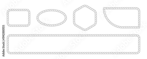 Set of 5 white rope frames vector with various shapes, including rectangle, oval, hexagon, and banner for nautical design elements