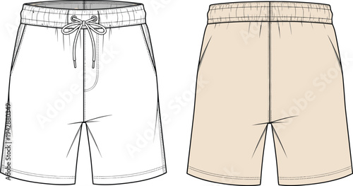 Men casual drawstring shorts technical fashion illustration showing front and back view comfortable summer clothing apparel template isolated on white