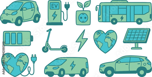 Sustainable transportation doodles with compact city car EV kiosk power outlet bus in clean hand drawn mint green cyan blue for eco mobility branding design