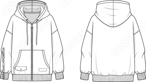Men zip hoodie sweatshirt technical flat sketch with front and back views hood drawstring pockets casual apparel clothing design template vector