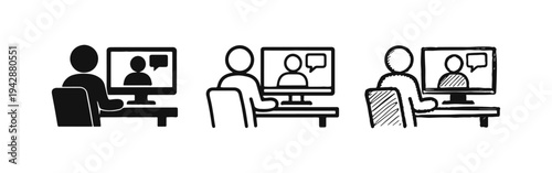 Online meeting and video call icon set, depicting remote communication and virtual work environments.