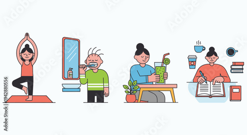 A woman practices yoga while others engage in conversation and reading at home