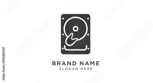 Minimalist icon of a hard drive with space for brand name and slogan.