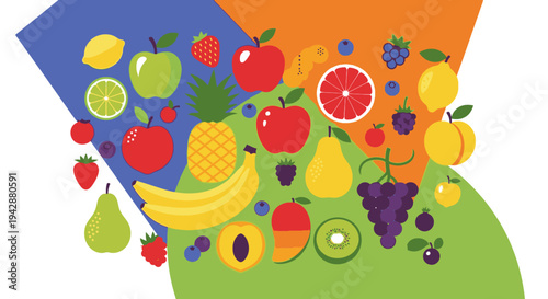 Vibrant illustration of various fruits spilling out in a creative arrangement on a colorful background