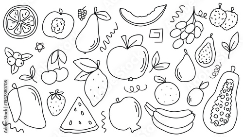 Fruits and berries set in doodle sketch style. Rustic hand drawn organic food collection. Ink loose drawing, vector graphics