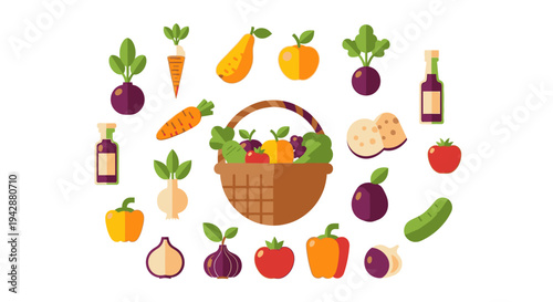 A vibrant illustration of a wicker basket filled with fresh produce surrounded by assorted fruits and vegetables on a clean surface.