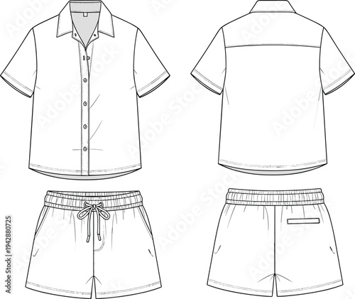 Men's short sleeve button down shirt and drawstring shorts technical fashion flat sketch front and back view template vector illustration outlin