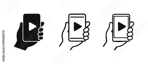 Hand Holding Smartphone with Play Button Icon Set: Mobile Video Streaming and Content Playback