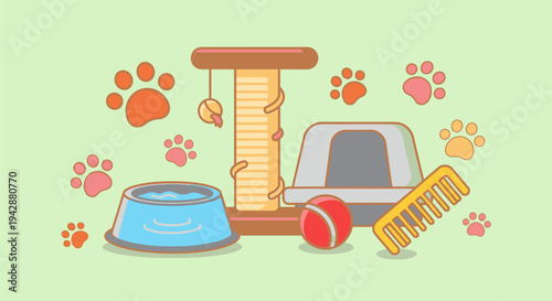 A colorful illustration of a cat's play area with toys and scratching post indoors