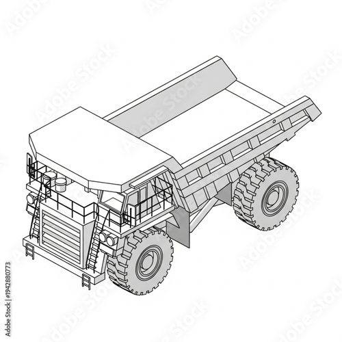 Isometric line art illustration of a large mining dump truck, a heavy-duty vehicle used in construction and mining operations.