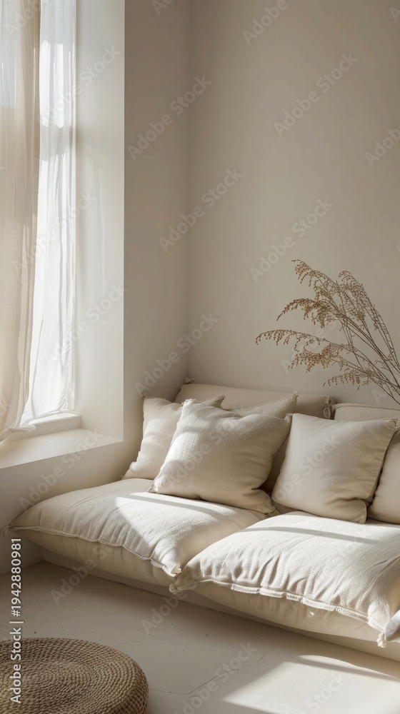 Fototapeta premium Elegant Beige and White Modern Interior with Soft Faux Fur Texture Furniture, Minimal Luxury Home Design, Cozy Neutral Living Space