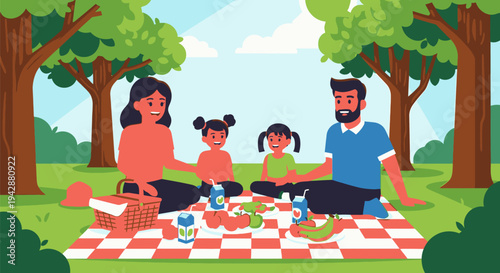 Family having a picnic in the park with trees and green grass