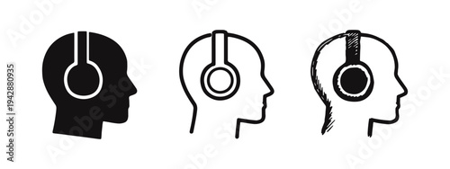 Head with Headphones Icon Set: Listening to Music, Audio Content, and Podcasts