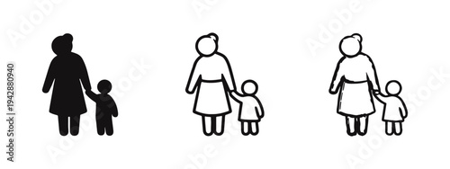 Mother and Child Holding Hands Icon Set: Family Love, Parenthood, and Childhood Bond