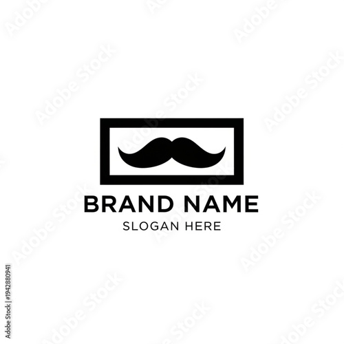 Simple and modern logo design featuring a black mustache inside a rectangle with text placeholders for brand name and slogan.