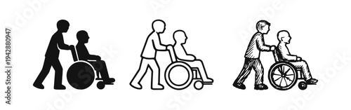 Caregiver Pushing Person in Wheelchair Icon Set: Disability Assistance, Support & Mobility