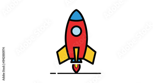 A colorful cartoon rocket ship blasting off.