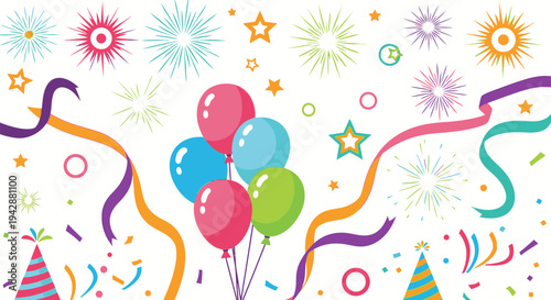 Celebration scene with colorful balloons and confetti in the air indoors