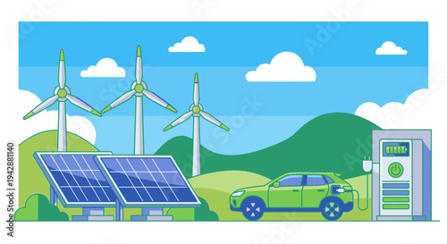 Electric car charging with solar panels and wind turbines in a green landscape