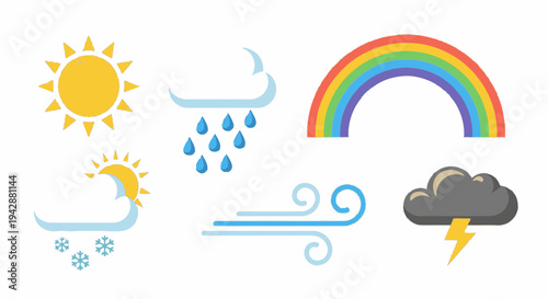 Weather icons show sunny, rainy, and stormy conditions with rainbow